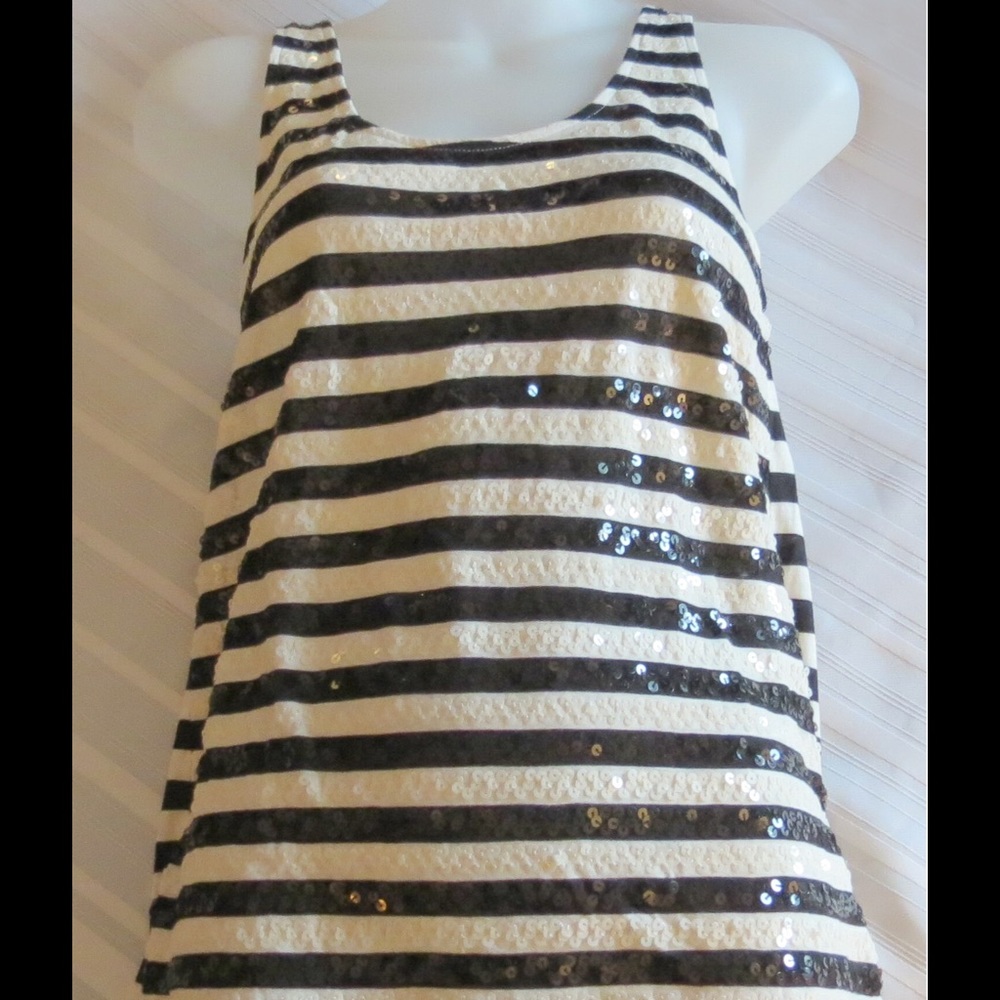 Black & Ivory Sequin Striped Loft Tank Top Size XS